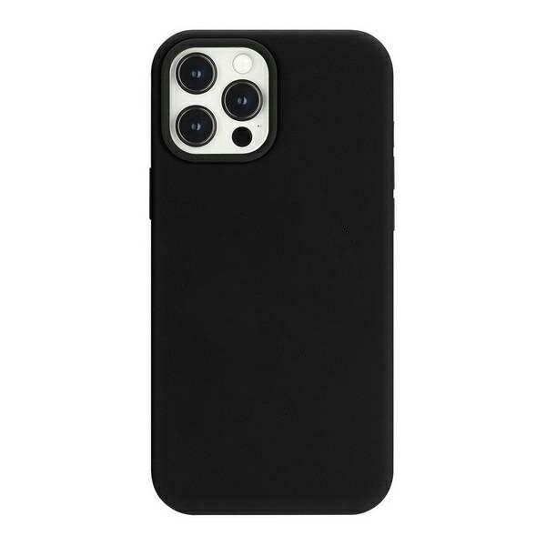 Czarny silikonowy etui na telefon z trzema widocznymi obiektywami aparatu w rogu. Etui ma gładką powierzchnię i otwory na przyciski boczne.