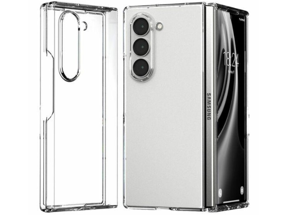 Przezroczyste etui na telefon z trzema wycięciami na aparaty, obok którego znajduje się telefon z widocznym ekranem i napisem \'SAMSUNG\' na boku. Na ekranie telefonu widoczna jest godzina 18:24.