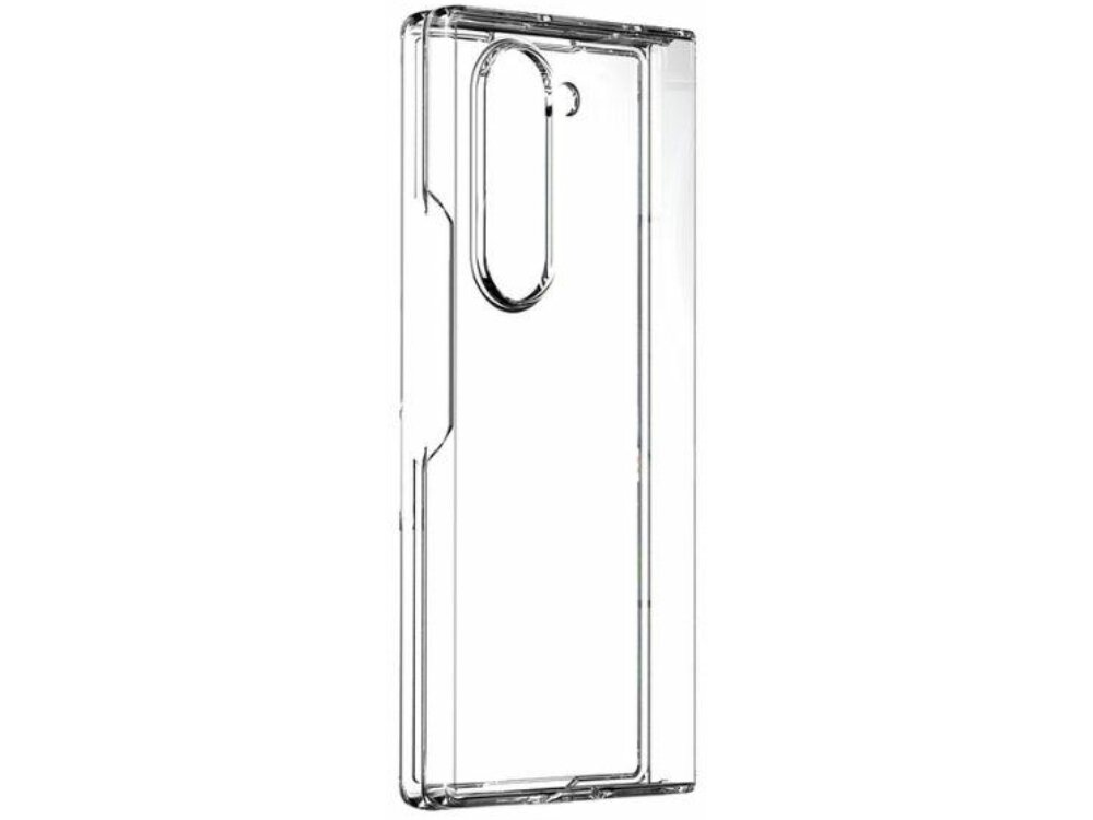 Przezroczyste etui na telefon z wycięciem na aparat fotograficzny, wykonane z twardego materiału.