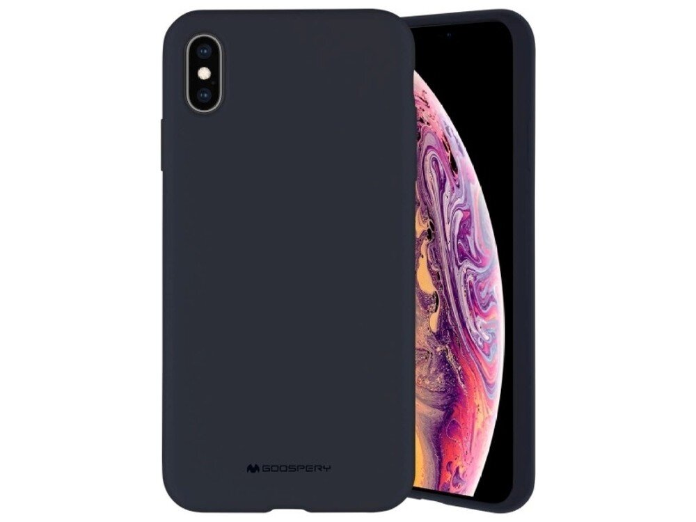 Granatowe etui silikonowe na telefon z widocznym logo \'GOOSPERY\'. Obok etui znajduje się telefon z kolorowym wyświetlaczem.