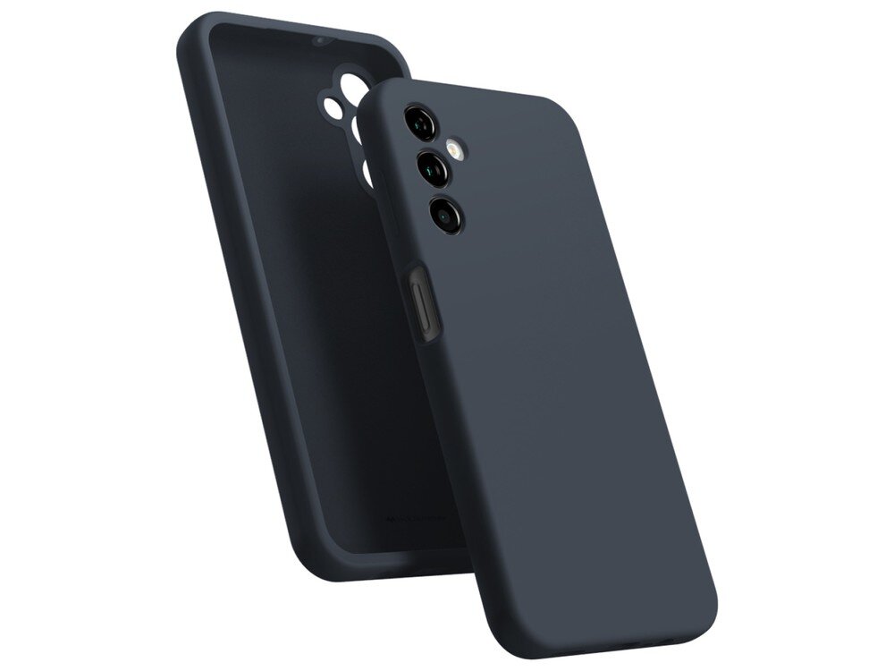Granatowe etui silikonowe z trzema otworami na aparaty i wycięciem na przyciski boczne, przeznaczone do telefonu Samsung Galaxy A14 5G.