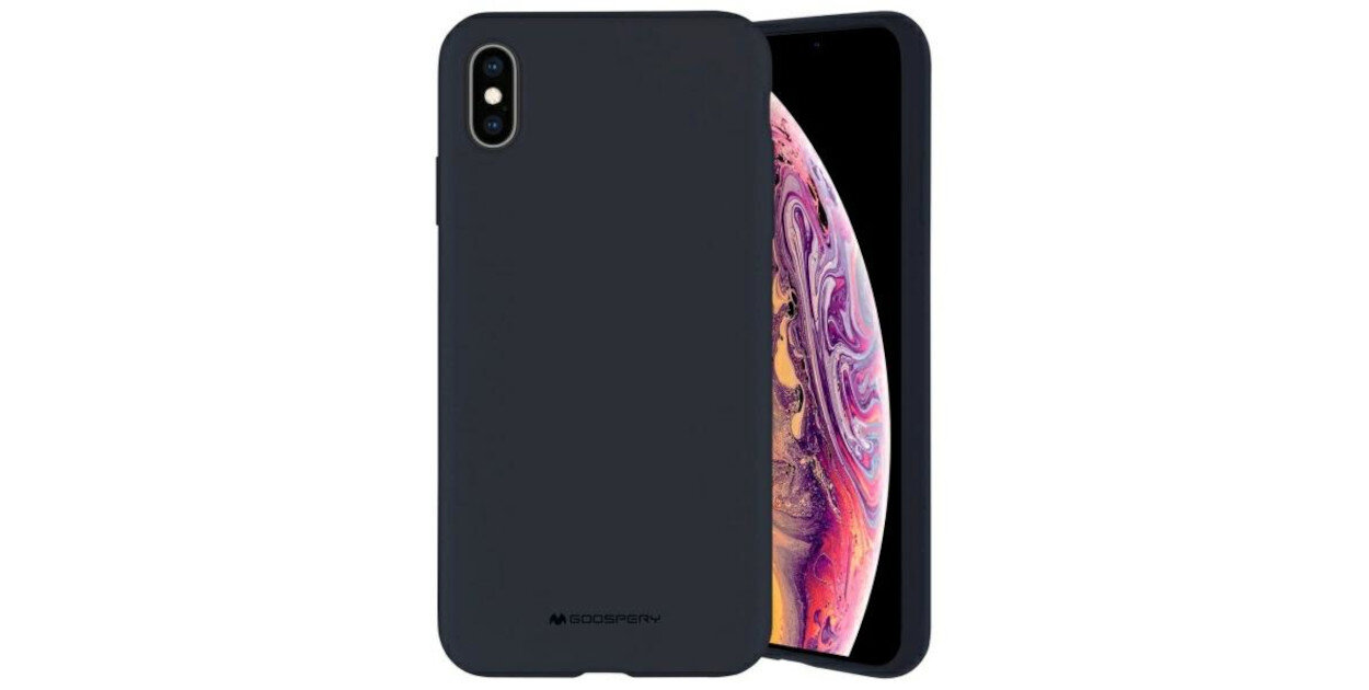 Na obrazie widoczny jest granatowy etui na telefon z logo \'GOOSPERY\' na dole. Obok etui znajduje się telefon z kolorowym wyświetlaczem.