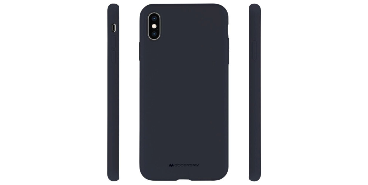 Etui na telefon w kolorze granatowym, widoczne z różnych perspektyw. Na dole tylnej części znajduje się logo \'GOOSPERY\'.