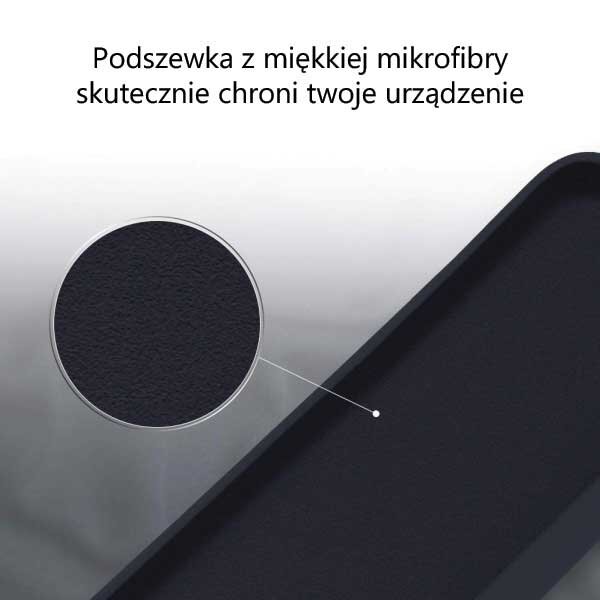 Obraz przedstawia zbliżenie na wnętrze etui z miękką mikrofibrą. Tekst na obrazie: \'Podszywka z miękkiej mikrofibry skutecznie chroni twoje urządzenie\'.