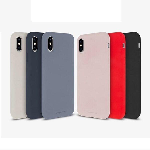 Na obrazie widoczne są silikonowe etui na telefon w różnych kolorach: beżowym, granatowym, szarym, różowym, czerwonym i czarnym. Na każdym etui znajduje się napis \'GOOSPERY\'.