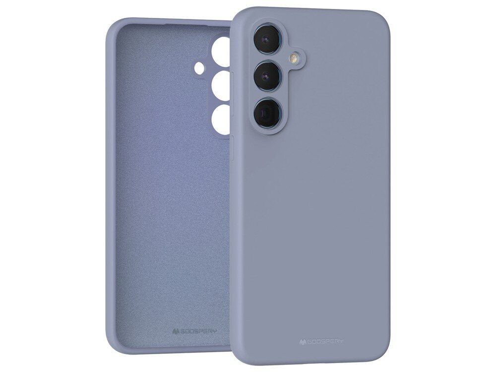 Lawendowe etui silikonowe z trzema otworami na aparaty i dodatkowymi otworami na inne elementy telefonu. Na dole widoczne jest logo producenta w kolorze etui.