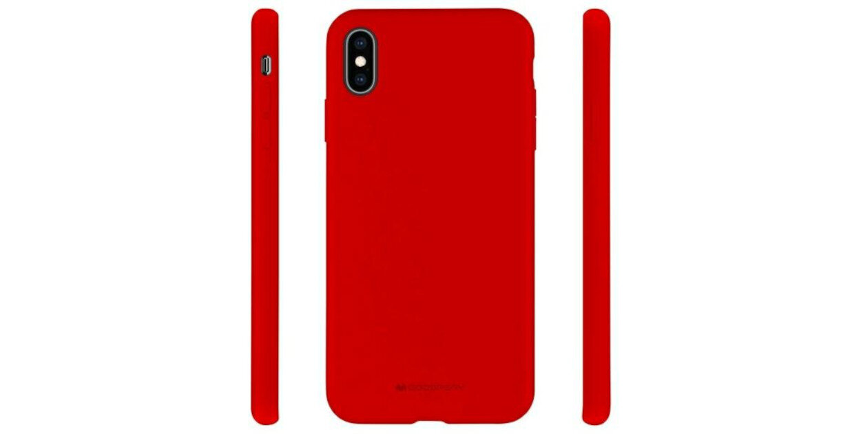 Czerwone etui silikonowe na telefon z wycięciem na aparat i przyciski. Na dole widoczny jest napis \'GOOSPERY\'.