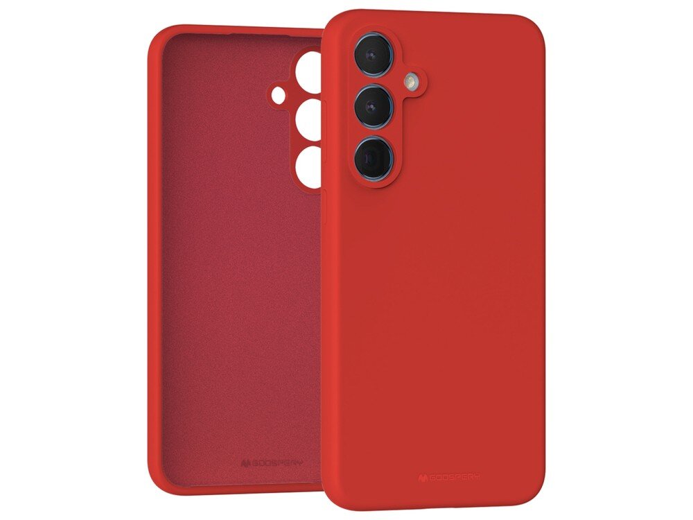 Czerwone etui silikonowe z trzema otworami na aparat, przeznaczone do telefonu. Na etui widoczne jest logo \'MERCURY\'.