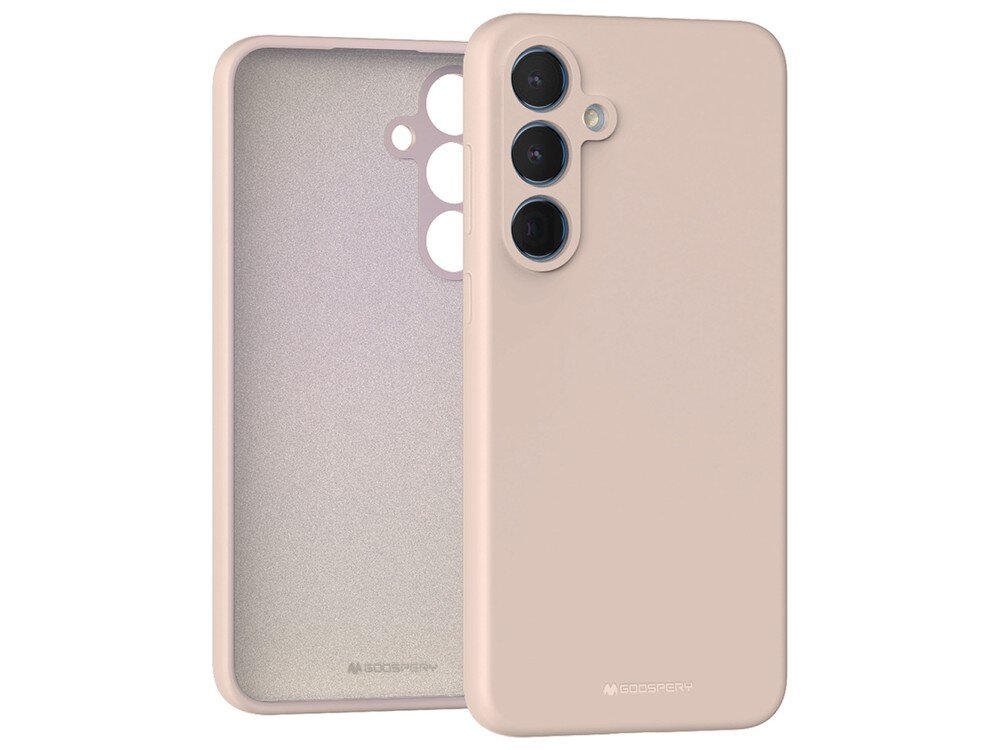 Etui w kolorze różowo-piaskowym z trzema otworami na aparaty i logo \'MERCURY\' na dole. Wnętrze etui ma teksturę i widoczne są dodatkowe otwory na elementy telefonu.