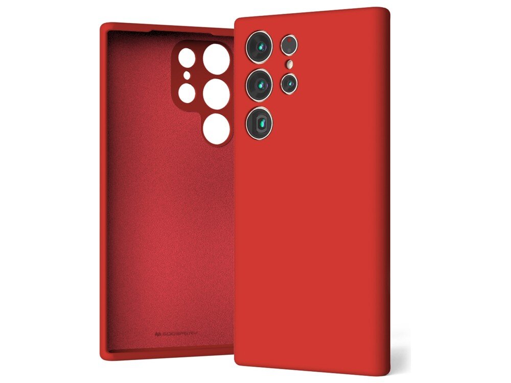 Czerwone etui silikonowe z wycięciami na aparat, przeznaczone do telefonu Samsung Galaxy S23 Ultra. Wewnątrz widoczne jest logo producenta MERCURY.