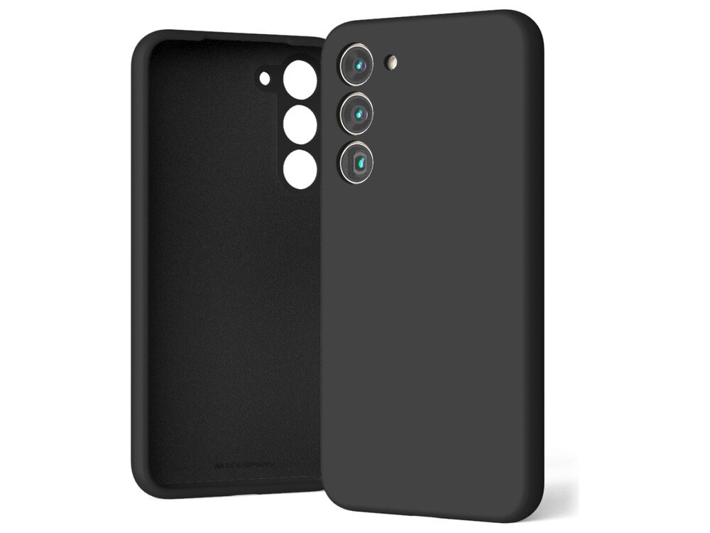 Czarne etui silikonowe z trzema otworami na aparaty i jednym na lampę błyskową, przeznaczone do telefonu Samsung Galaxy S23+.