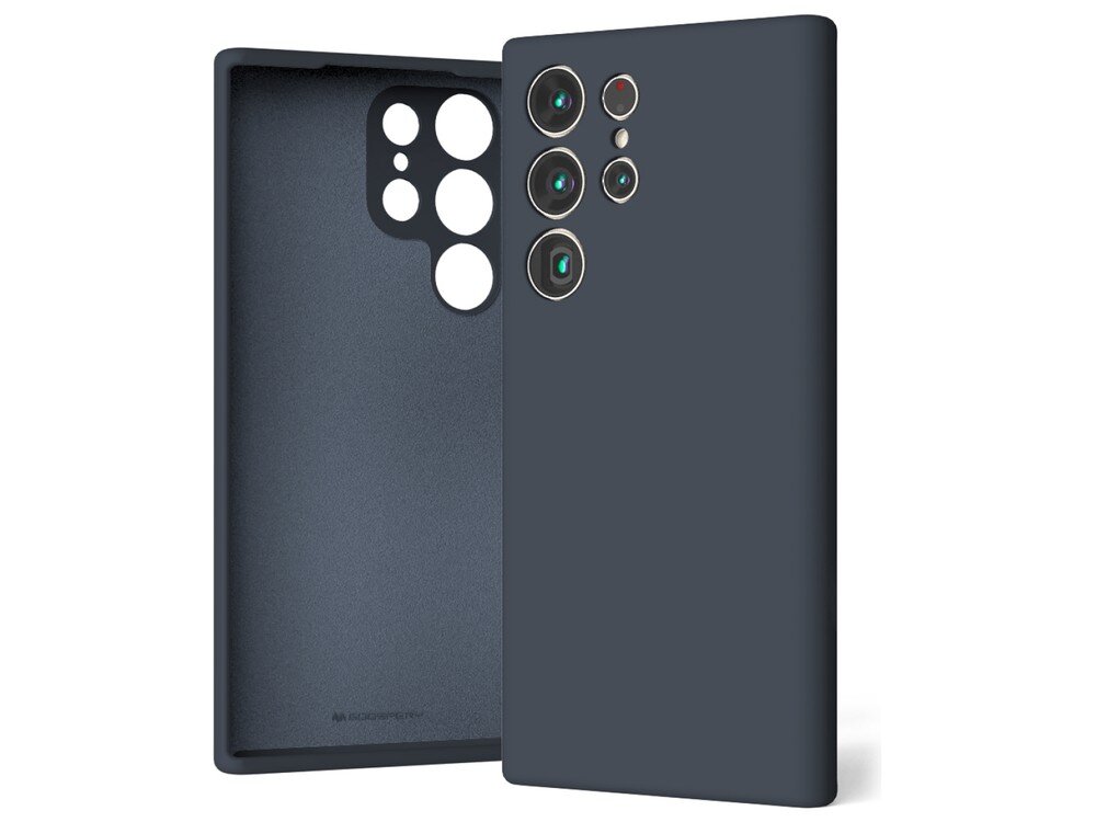 Granatowe etui silikonowe z wycięciami na aparat, przeznaczone do telefonu Samsung Galaxy S23 Ultra. Wewnątrz widoczne jest logo producenta.