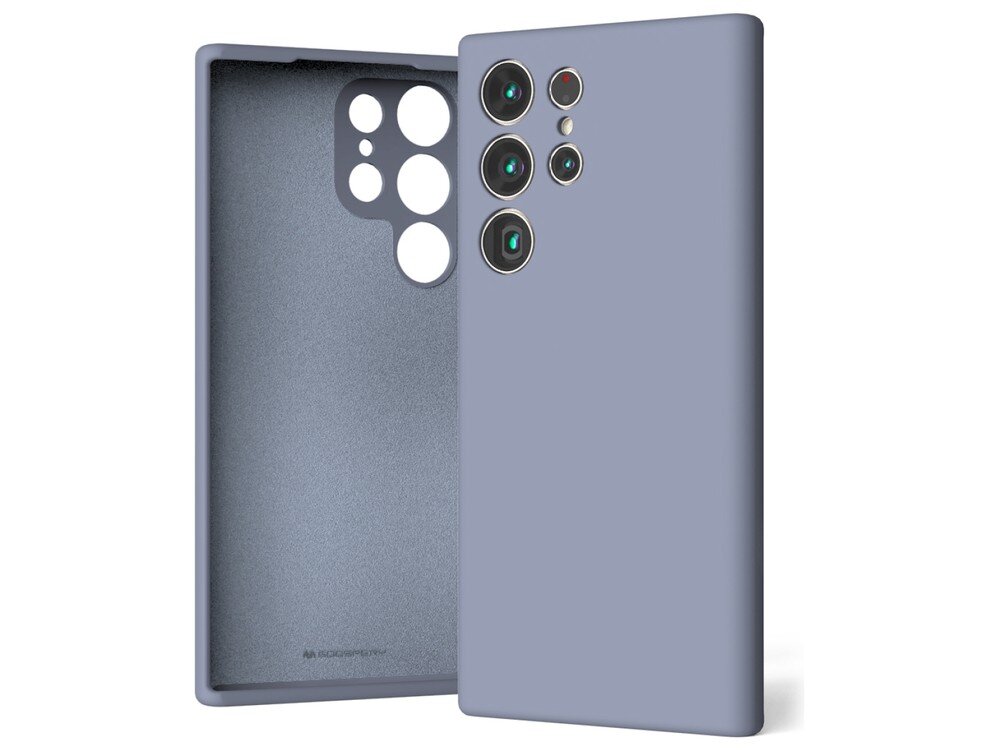 Etui w kolorze lawendowym przeznaczone do telefonu z kilkoma otworami na aparaty. Wewnątrz widoczne jest logo \'GOOSPERY\'.