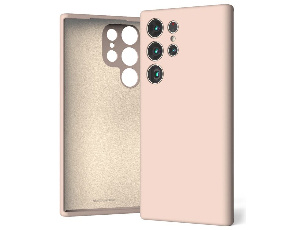 Etui w kolorze różowo-piaskowym z wycięciami na aparat i przyciski, przeznaczone do telefonu Samsung Galaxy S23 Ultra. Wewnątrz widoczne jest logo \'MERCURY\'.