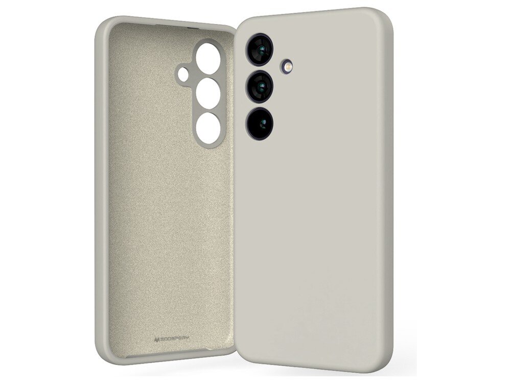 Na obrazie widoczne jest etui w kolorze kamiennym, przeznaczone do telefonu z trzema otworami na aparaty. Wewnątrz etui znajduje się napis \'MERCURY\'.