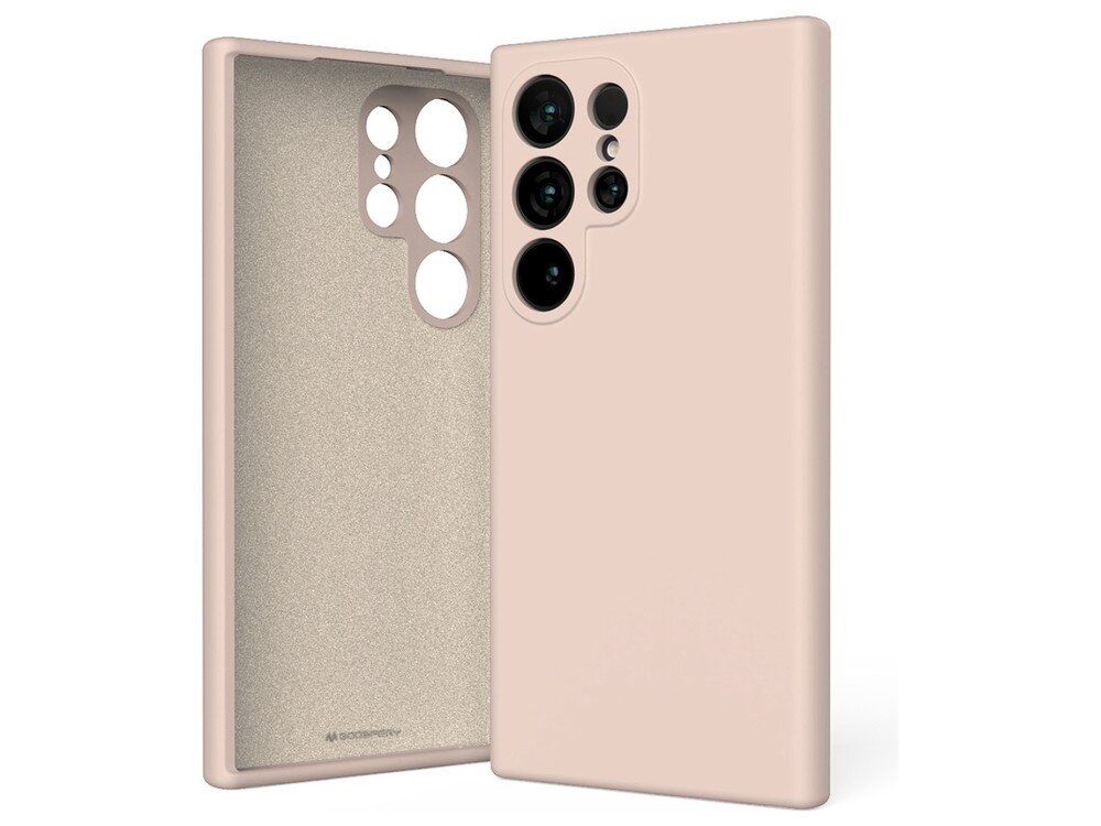 Etui w kolorze różowo-piaskowym z wycięciami na aparat i przyciski, przeznaczone do telefonu Samsung Galaxy S24 Ultra. Wewnątrz widoczne jest logo \'GOOSPERY\'.
