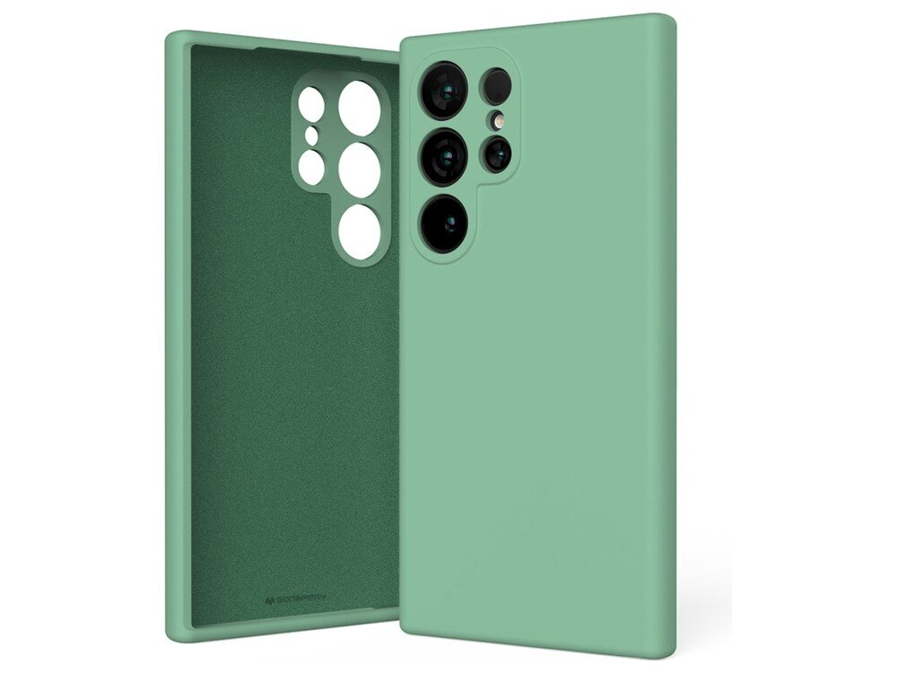 Zielone etui silikonowe z wycięciami na aparat, przeznaczone do telefonu Samsung Galaxy S24 Ultra. Wewnątrz widoczne jest logo \'media expert\'.