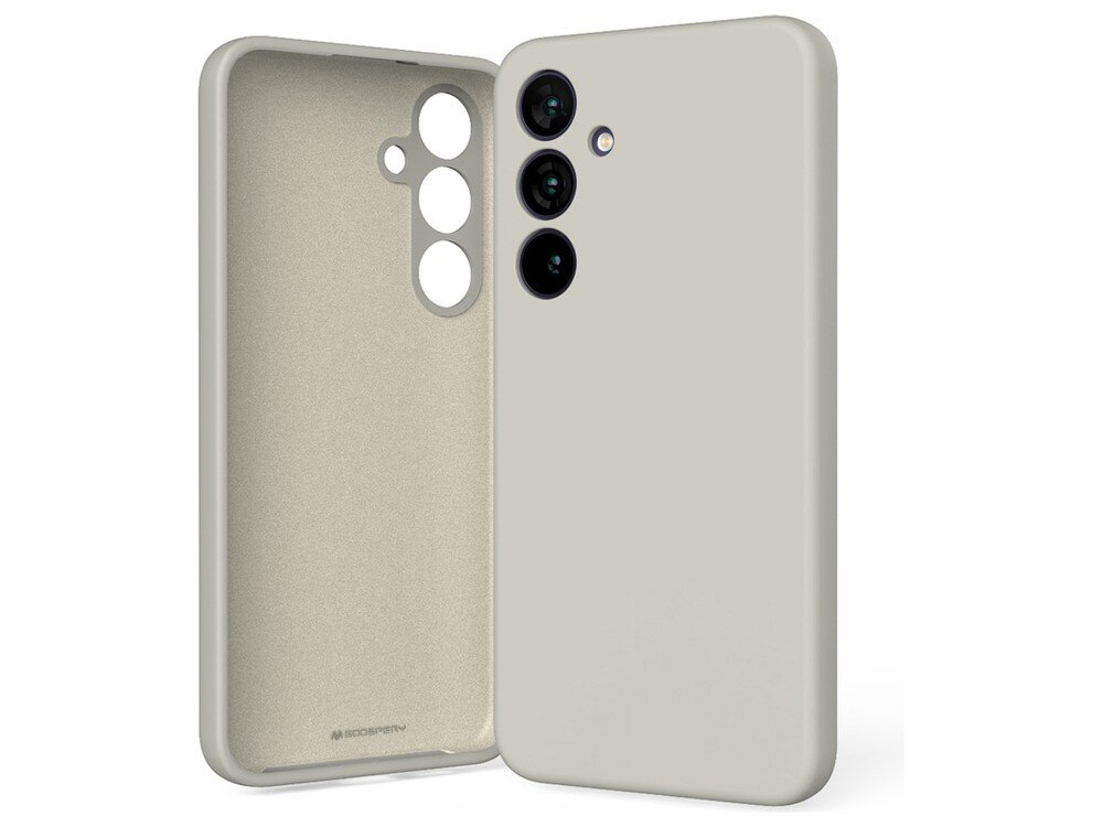 Na obrazie widoczne jest etui w kolorze kamiennym, przeznaczone do telefonu z trzema otworami na aparaty. Wewnątrz etui znajduje się napis \'MERCURY\'.