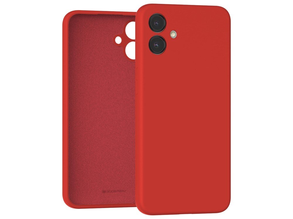 Czerwone etui silikonowe z wycięciami na aparat i przyciski, przeznaczone do telefonu. Na wewnętrznej stronie widoczne jest logo \'MERCURY\'.