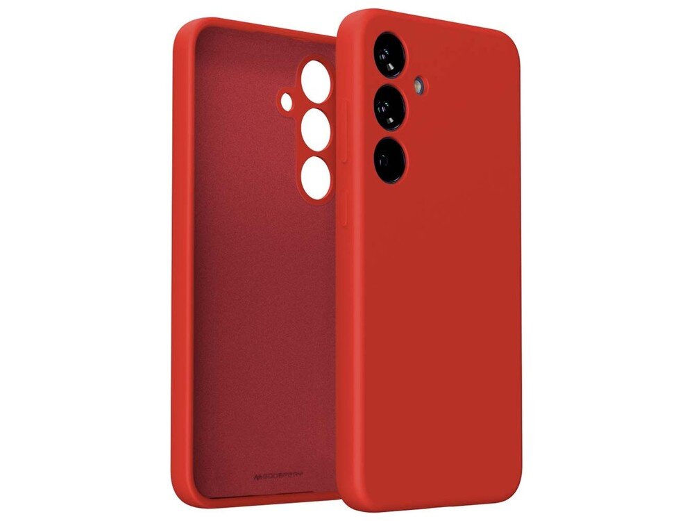 Czerwone etui silikonowe z trzema otworami na aparaty i dodatkowymi otworami na inne elementy telefonu. Na wewnętrznej stronie widoczne jest logo \'MERCURY\'.