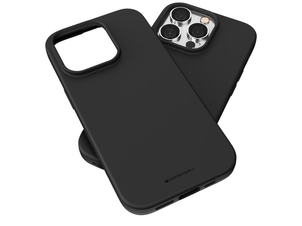Czarne etui na telefon z wycięciem na aparat, widoczne logo \'MERCURY\'.