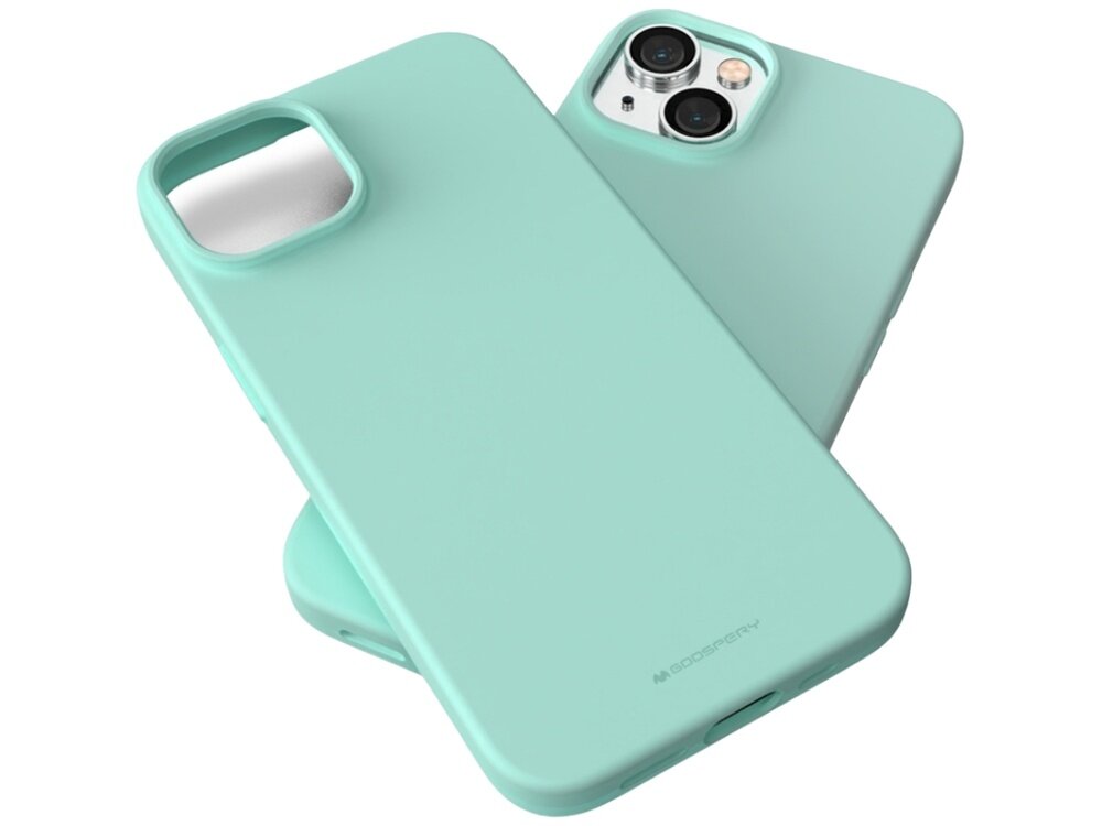 Dwa miętowe etui na telefon, jedno z widocznym wycięciem na aparat, drugie z logo \'MERCURY\'.