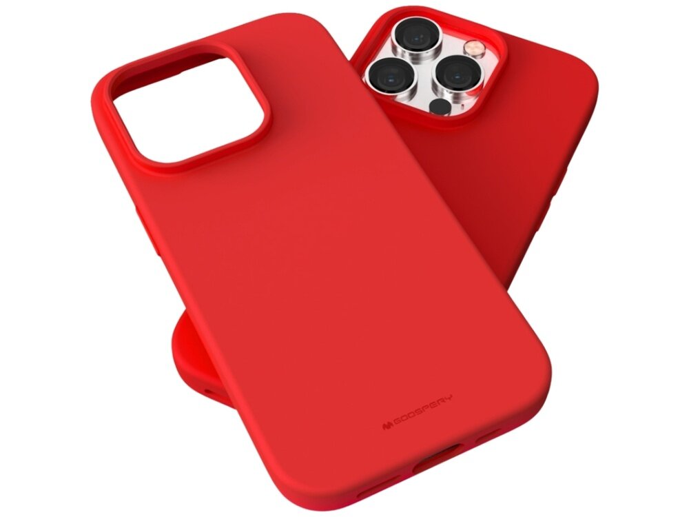 Czerwone etui na telefon z wycięciem na aparat, obok telefonu z widocznymi trzema obiektywami. Na etui znajduje się logo \'MERCURY\'.