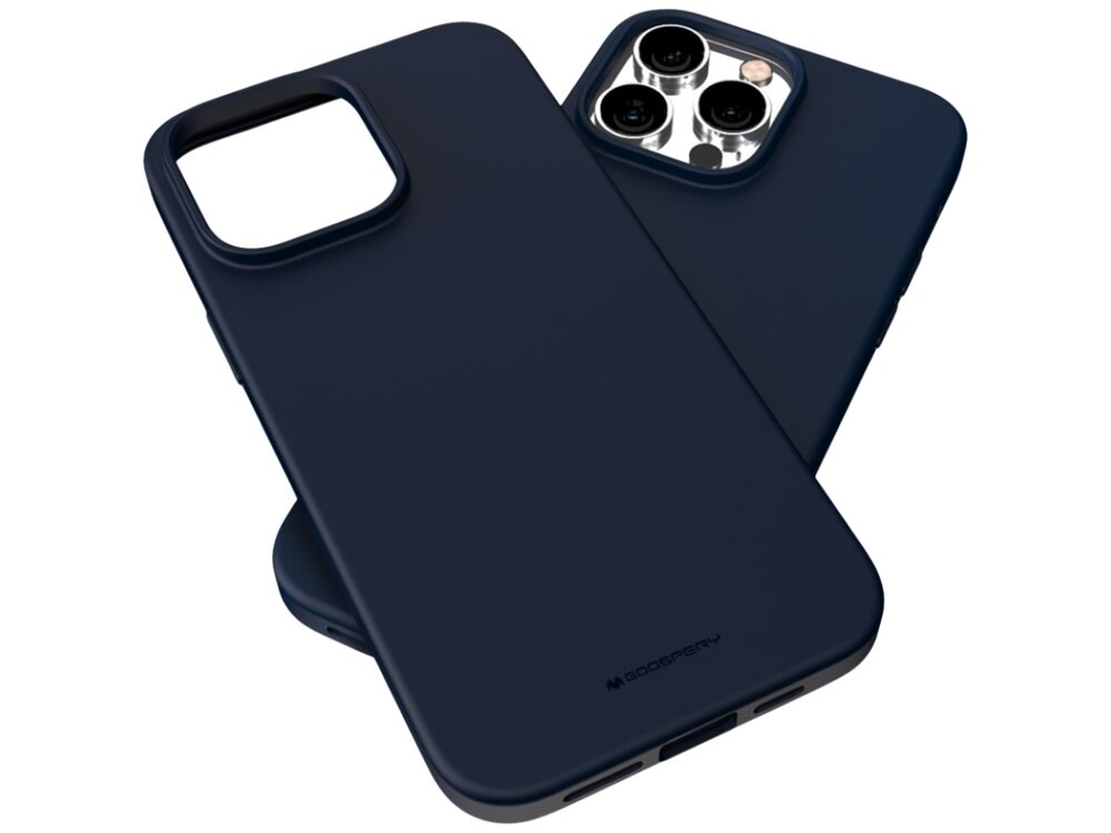 Na obrazie widoczne są dwa niebieskie etui na telefon, jedno z nich pokazuje wycięcie na aparat. Na etui znajduje się logo \'MERCURY\'.