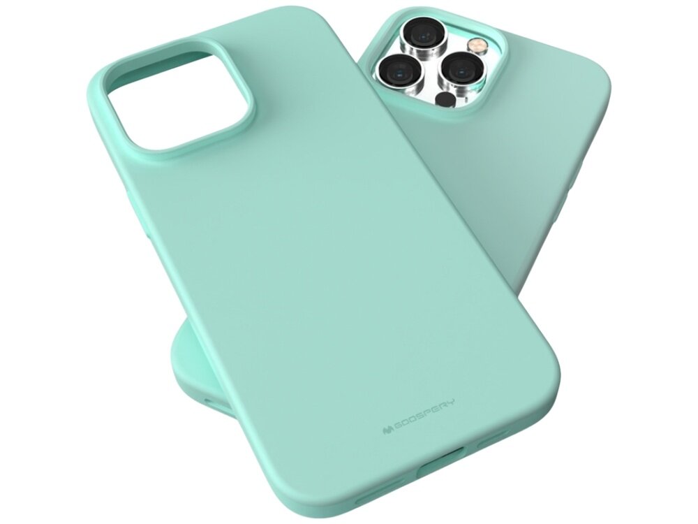 Dwa miętowe etui na telefon, jedno z nich pokazuje tylną część z wycięciem na aparat, a drugie leży na nim. Na etui widoczne jest logo \'GOOSPERY\'.
