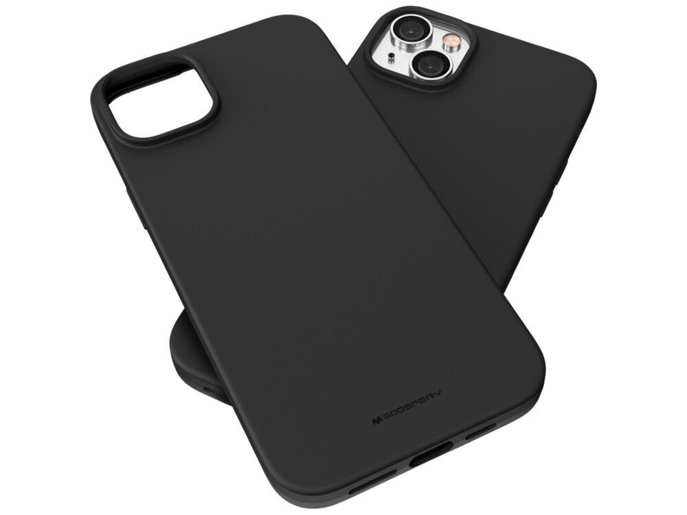 Czarne etui na telefon z widocznym logo \'GOOSPERY\', zaprojektowane z otworem na aparat. Etui jest gładkie i ma matowe wykończenie.