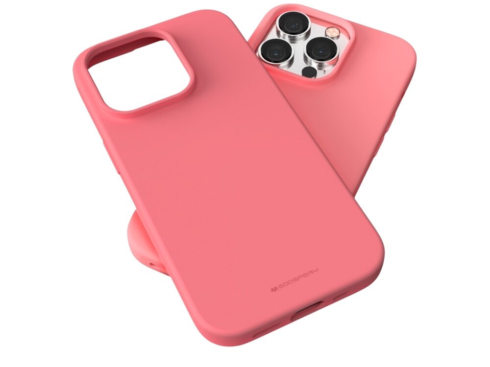 Różowe etui na telefon z wycięciem na aparat, obok telefonu z trzema widocznymi obiektywami. Na etui widoczne jest logo \'MERCURY\'.