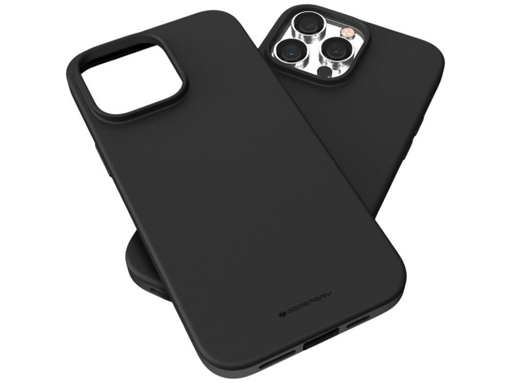 Czarne etui na telefon z wycięciem na aparat, obok telefonu z widocznymi trzema obiektywami. Na etui widoczne jest logo \'MERCURY\'.