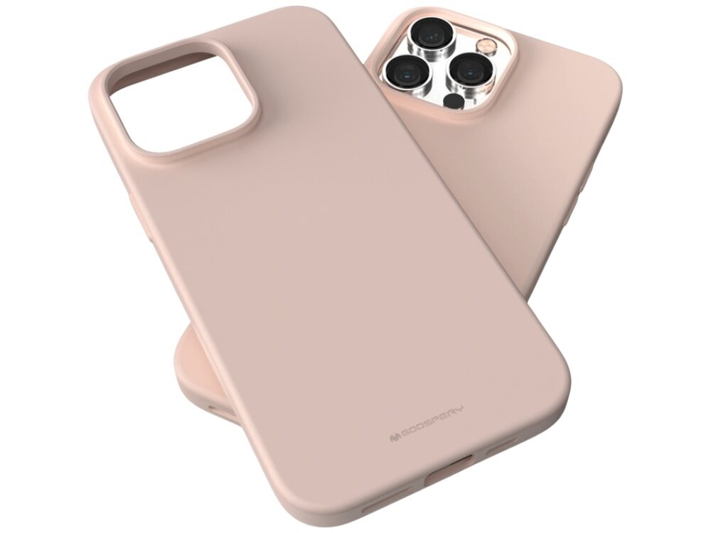 Dwa różowo-piaskowe etui na telefon, jedno z nich pokazuje wycięcie na aparat z trzema obiektywami. Na jednym z etui widoczne jest logo \'MERCURY\'.