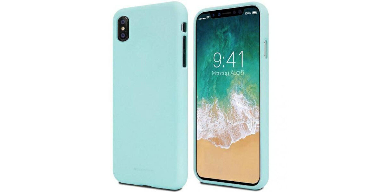 Obraz przedstawia miętowy telefon w etui, z wyświetlaczem pokazującym godzinę 9:41 i datę Monday, August 5. Na tylnej części widoczny jest podwójny aparat fotograficzny.