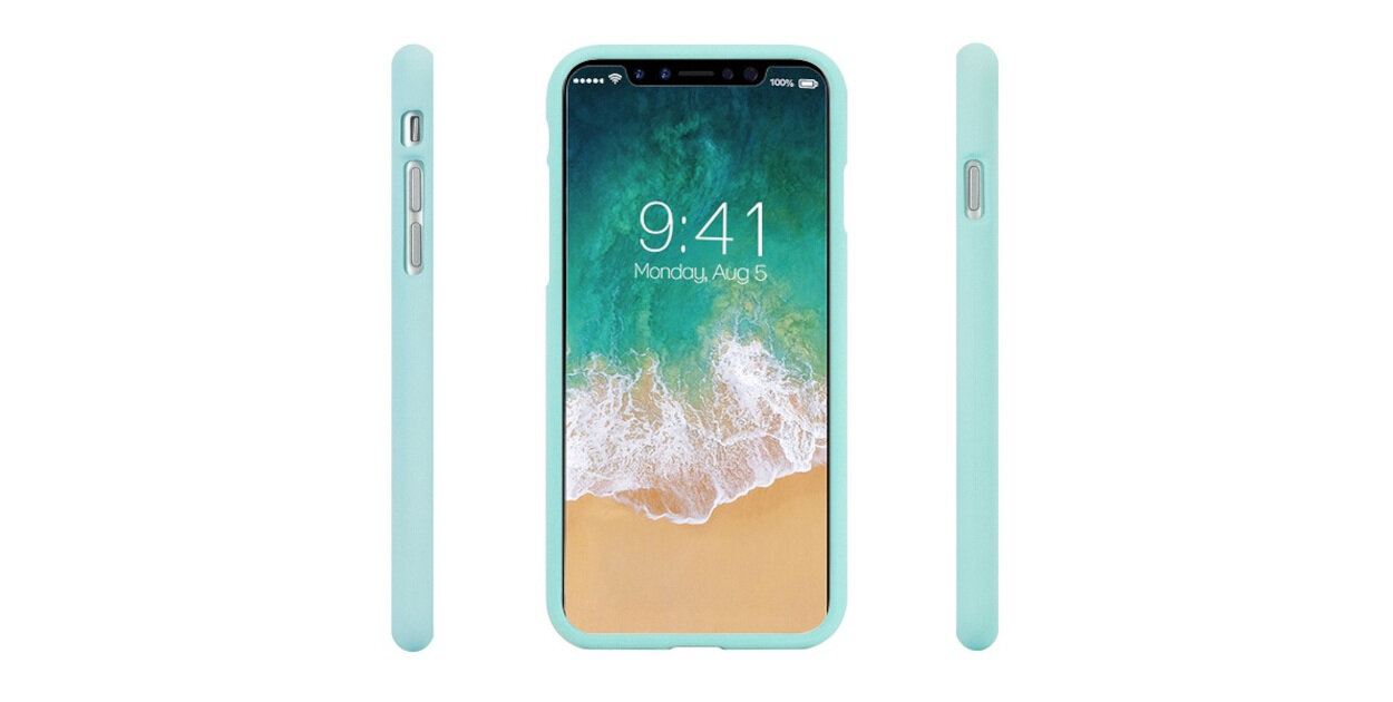 Obraz przedstawia miętowy telefon z wyświetlaczem pokazującym godzinę 9:41 i datę Monday, Aug 5. Telefon jest widoczny z przodu i z boków, z wyraźnie zaznaczonymi przyciskami bocznymi.