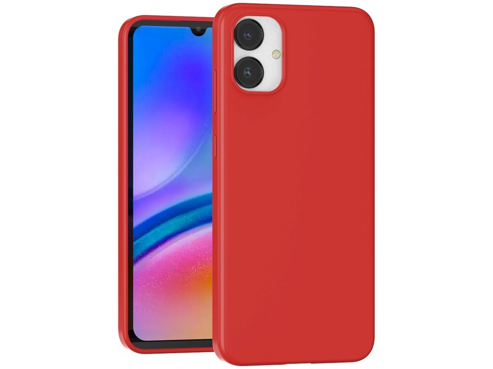 Czerwone etui na telefon z dwoma wycięciami na aparaty fotograficzne. W tle widoczny jest ekran telefonu z kolorowym gradientem.