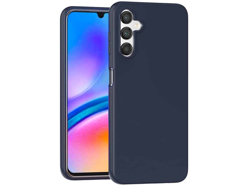 Niebieskie etui na telefon z trzema wycięciami na aparaty fotograficzne. W tle widoczny jest ekran telefonu z kolorowym gradientem.