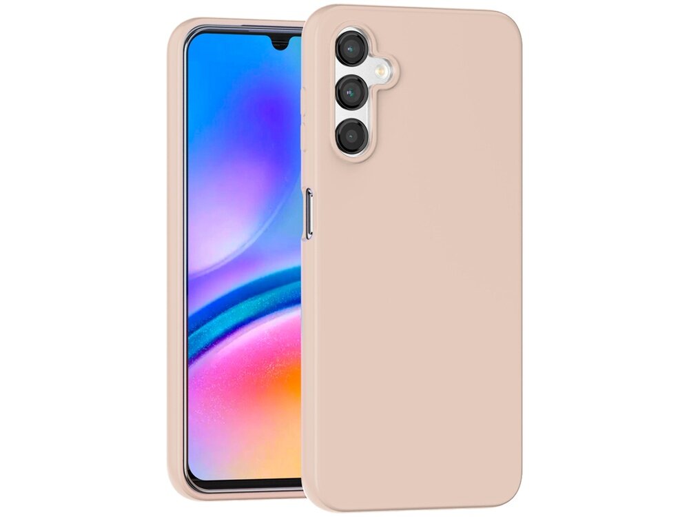 Etui w kolorze różowo-piaskowym na telefon z trzema widocznymi aparatami. Telefon wyświetla kolorowy ekran z gradientem niebiesko-różowym.