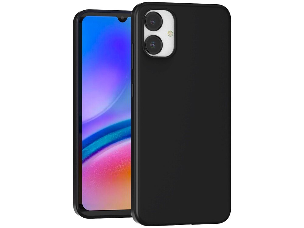 Czarne etui na telefon z widocznymi wycięciami na aparat i przyciski. Obok etui znajduje się telefon z kolorowym wyświetlaczem.
