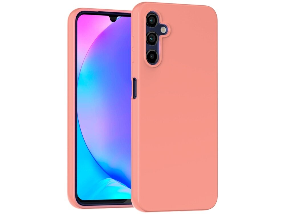 Jasnoróżowe etui na telefon z trzema wycięciami na aparaty fotograficzne. Telefon w etui wyświetla kolorowy ekran z gradientem niebiesko-różowym.