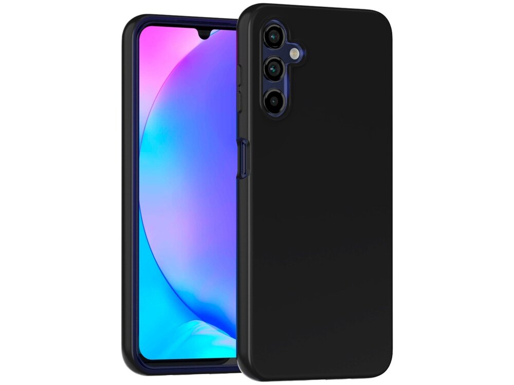 Czarne etui na telefon z trzema otworami na aparaty fotograficzne. W tle widoczny jest ekran telefonu z kolorowym gradientem.