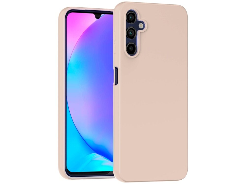 Etui w kolorze różowo-piaskowym na telefon z trzema otworami na aparaty. Telefon wyświetla kolorowy gradient na ekranie.