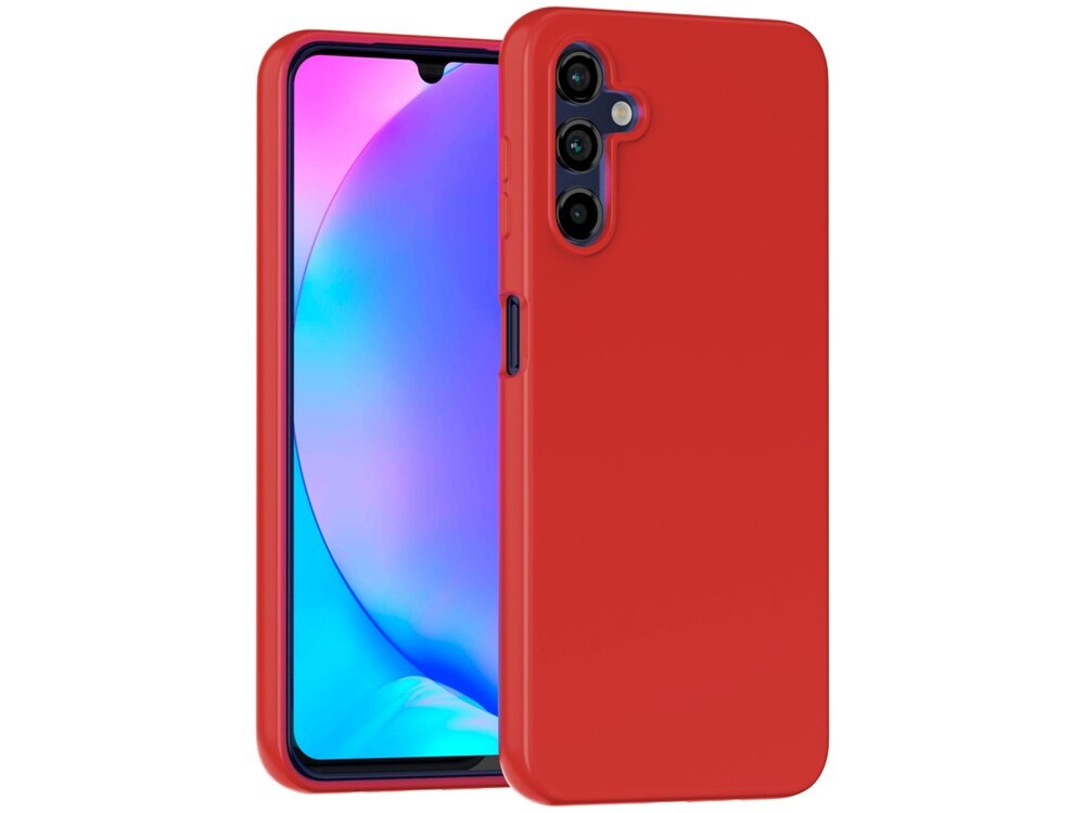 Czerwone etui na telefon z trzema otworami na aparaty fotograficzne. W tle widoczny ekran telefonu z gradientowym tłem w odcieniach różu i niebieskiego.