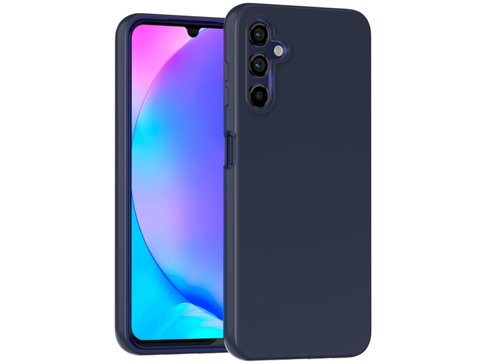 Niebieskie etui na telefon z trzema wycięciami na aparaty fotograficzne. Obok etui widoczny jest telefon z kolorowym ekranem.