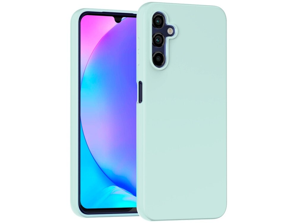 Miętowe etui na telefon z trzema wycięciami na aparaty fotograficzne, widoczne na tle ekranu telefonu z gradientowym tłem w odcieniach różu i niebieskiego.