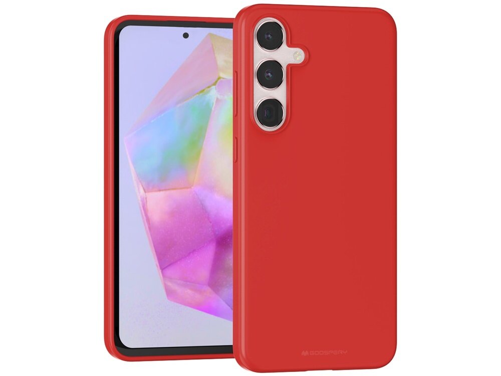 Czerwone etui na telefon z trzema wycięciami na aparaty. Na ekranie telefonu widoczny jest kolorowy, geometryczny wzór.