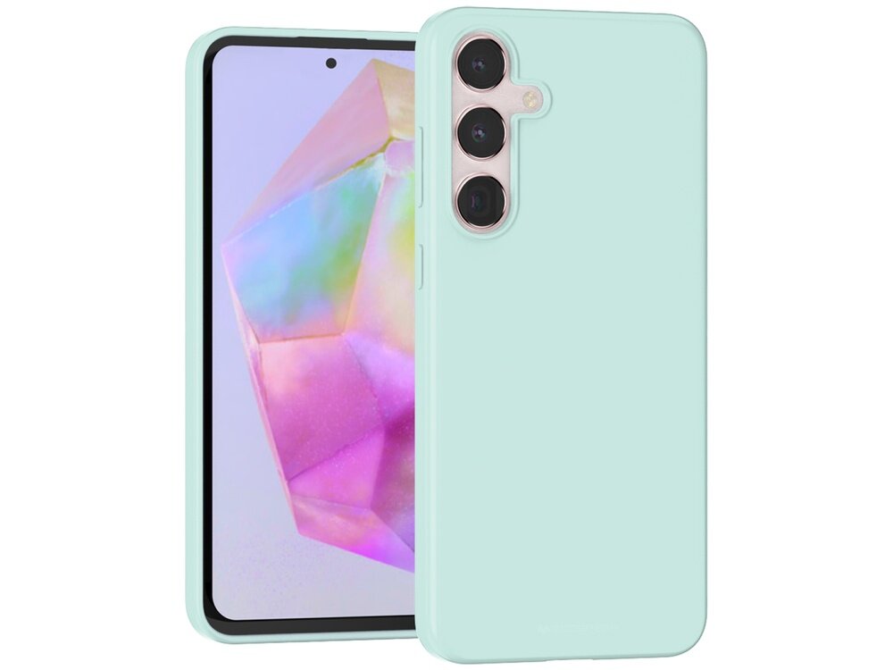 Miętowe etui na telefon z trzema wycięciami na aparaty fotograficzne. W tle widoczny jest ekran telefonu z kolorowym, abstrakcyjnym wzorem.