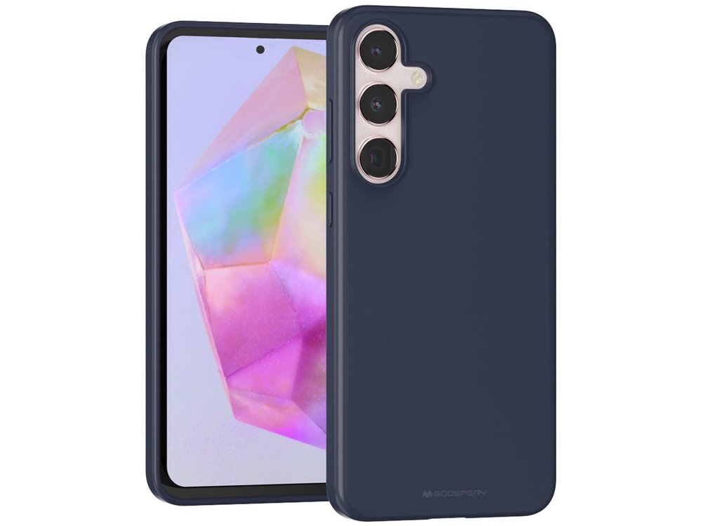 Na obrazie widoczne jest niebieskie etui na telefon z trzema otworami na aparaty. W tle znajduje się telefon z kolorowym wyświetlaczem.