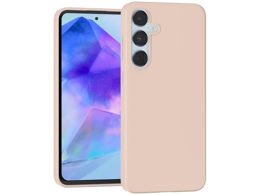 Obraz przedstawia różowo-piaskowe etui na telefon z trzema wycięciami na aparaty. W tle widoczny jest ekran telefonu z kolorową grafiką.