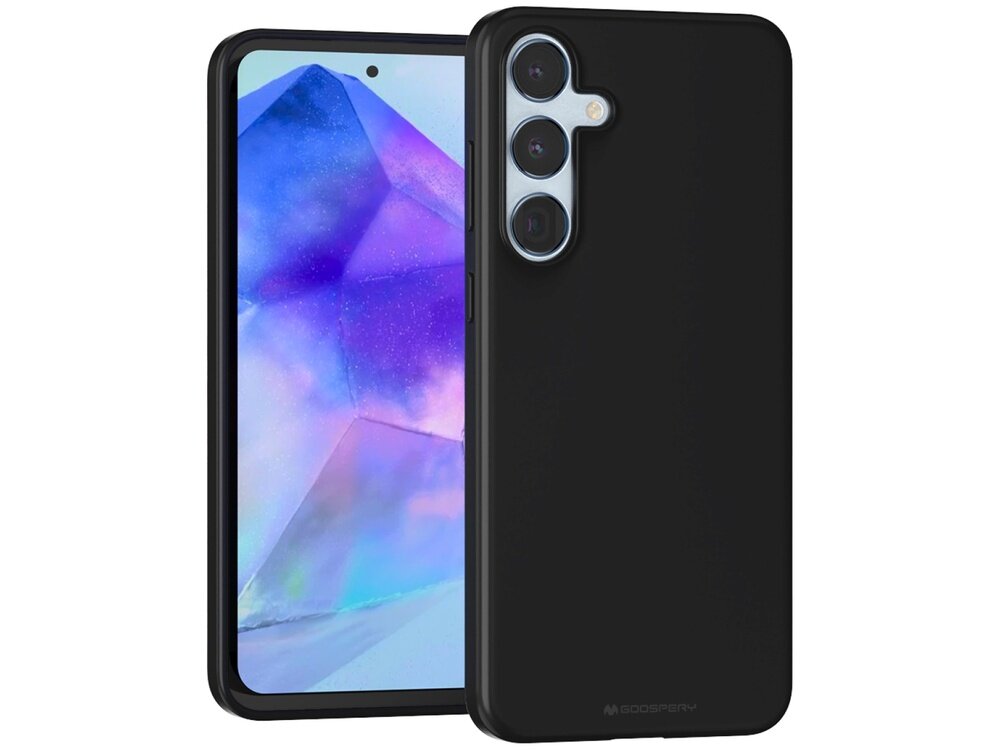 Czarne etui na telefon z trzema wycięciami na aparaty, obok telefonu z kolorowym ekranem. Na etui widoczne jest logo \'MERCURY\'.